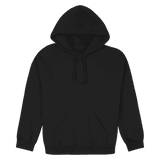 A black heavy blend adult hooded sweatshirt with a front pocket and a drawstring hood.