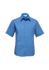 A blue short sleeve button-up shirt with a micro check pattern and a chest pocket. It features a logo on the label.