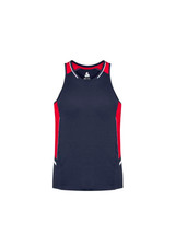A navy blue singlet with red accents and a logo on the front. A navy blue singlet with red accents and a logo on the front.