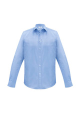 A light blue button-up long sleeve shirt with a collar and a logo.