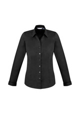 A black women's long sleeve button-up shirt with a fitted design and a collar, featuring a logo.