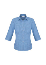 A women's blue and white checkered button-up shirt with 3/4 sleeves and a collar. A women's blue and white checkered button-up shirt with 3/4 sleeves and a collar.