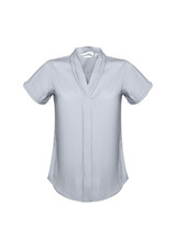 A light grey women's short sleeve button-up shirt with a stylish collar and subtle branding. A light grey women's short sleeve button-up shirt with a stylish collar and subtle branding.