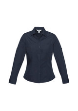 A navy blue long sleeve button-up shirt for women, featuring two front pockets and a branded logo.
