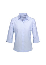 A light blue women's button-up shirt with 3/4 sleeves and a fitted design. It has a logo on the chest area.