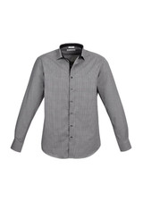A long sleeve button-up shirt in grey with a subtle check pattern and a branded label on the collar.