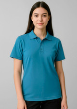 A short sleeve polo shirt in teal with a collar and three buttons, featuring a logo.