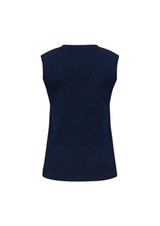 A navy women's V-neck knit vest with no sleeves, featuring a simple design and a logo on the back.