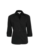 A black women's 3/4 sleeve button-up shirt with a collar and a logo on the inside. A black women's 3/4 sleeve button-up shirt with a collar and a logo on the inside.