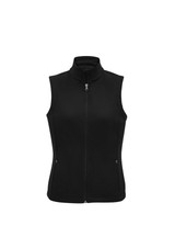 A black women's vest with a high collar and a front zip, featuring side pockets and a fitted design. A black women's vest with a high collar and a front zip, featuring side pockets and a fitted design.
