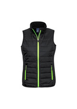 A women's black vest featuring a zip front and green accents, with two side pockets and a high collar.