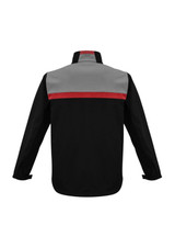 A unisex soft shell jacket featuring grey and red accents on a black background, with a collar and long sleeves.