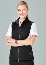 A black women's vest with a zip closure, featuring a high collar and a logo on the front.