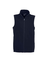 A plain navy micro fleece vest with a zip front and no sleeves, featuring a logo on the collar.