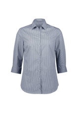 A three-quarter sleeve button-up shirt in navy and white gingham pattern. Features a collar and a logo.