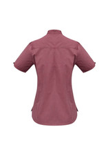 A maroon ladies' button-up shirt with a stand collar and short sleeves, featuring a logo.