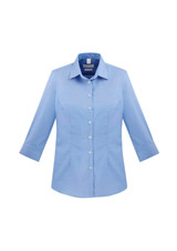 A blue women's button-up shirt with 3/4 sleeves and a collar, featuring a logo on the chest area.