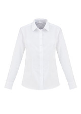 A white button-up shirt with a collar and long sleeves, featuring a fitted silhouette and a logo.