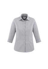 A women's button-up shirt with 3/4 sleeves in a grey check pattern, featuring a classic collar and buttons.