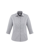 A grey and white checkered women's shirt with 3/4 sleeves and a button-up front. It features a collar and has a logo.