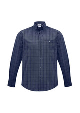 A men's long sleeve button-up shirt in navy with a checkered pattern and a chest pocket, featuring a logo.