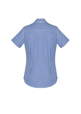 A blue and white checked short sleeve button-up shirt featuring a back yoke and a logo. A blue and white checked short sleeve button-up shirt featuring a back yoke and a logo.
