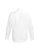 A white long sleeve button-up shirt with a collar and a logo on the back.