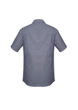 A short sleeve button-up shirt in a classic fit, displayed in a grey colour, featuring a logo on the back. A short sleeve button-up shirt in a classic fit, displayed in a grey colour, featuring a logo on the back.