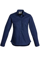 A navy women's lightweight long sleeve shirt with button closure and a chest pocket, featuring a logo.