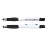 A white stylus pen with a black grip and a black end, positioned above another similar pen. Both pens have a logo. A white stylus pen with a black grip and a black end, positioned above another similar pen. Both pens have a logo.