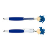 A blue stylus pen with a smiling character on top featuring blue yarn hair and a silver clip. A blue stylus pen with a smiling character on top featuring blue yarn hair and a silver clip.