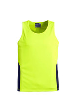 A bright yellow hi-vis singlet featuring navy side panels and a logo. Ideal for workwear. A bright yellow hi-vis singlet featuring navy side panels and a logo. Ideal for workwear.
