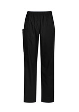 Black women's scrub pants with a comfortable elastic waistband and side pockets, featuring a small logo. Black women's scrub pants with a comfortable elastic waistband and side pockets, featuring a small logo.