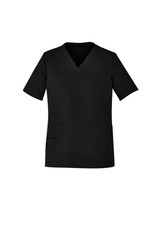 A black women's scrub top with a V-neck and short sleeves, featuring two front pockets and a logo.