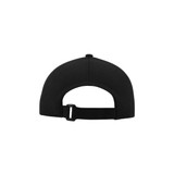 A black sports cap featuring a flat brim and an adjustable strap at the back, with a logo present.