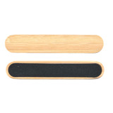A bamboo nail file featuring a smooth wooden side and a textured black filing surface. It has a natural finish. A bamboo nail file featuring a smooth wooden side and a textured black filing surface. It has a natural finish.