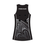 A black netball dress featuring a patterned design and a logo on the back. A black netball dress featuring a patterned design and a logo on the back.