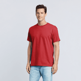 A red adult t-shirt displayed on a model, showcasing a simple design and relaxed fit. A red adult t-shirt displayed on a model, showcasing a simple design and relaxed fit.