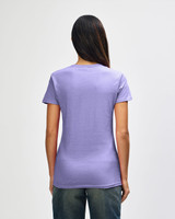 A purple ladies' T-shirt made of heavy cotton, featuring a simple design and fitted style, displayed from the back.