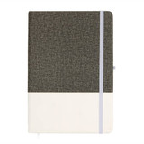 A brown and cream A5 notebook with a textured cover and an elastic band closure. It includes a logo on the front. A brown and cream A5 notebook with a textured cover and an elastic band closure. It includes a logo on the front.