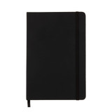 A black A5 notebook with a textured cover, secured with an elastic band and featuring a ribbon bookmark. A black A5 notebook with a textured cover, secured with an elastic band and featuring a ribbon bookmark.