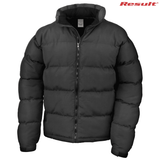 A black unisex puffer jacket with a zip front and branding on the top right. The jacket features a padded design. A black unisex puffer jacket with a zip front and branding on the top right. The jacket features a padded design.