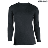 A black long-sleeve round neck thermal shirt with a branding logo. Suitable for workwear.