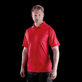A bright red polo shirt featured on a model against a black background, with a logo on the chest. A bright red polo shirt featured on a model against a black background, with a logo on the chest.