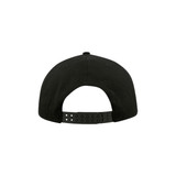 A black five-panel snapback cap featuring a strap closure and a logo on the back.