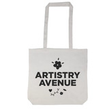A beige tote bag with long handles, featuring a logo and a floral design. A beige tote bag with long handles, featuring a logo and a floral design.