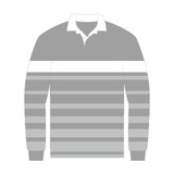 A long-sleeve knitted rugby jersey in grey with horizontal stripes and a white collar. It features a logo.