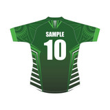 A green rugby jersey featuring a slim fit design, with a prominent number 10 and a branded logo.