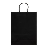 A large black paper bag with twisted handles and a textured finish. It has a simple design and includes branding. A large black paper bag with twisted handles and a textured finish. It has a simple design and includes branding.