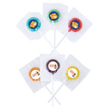 Assorted colour lollipops in vibrant shades, each wrapped with a clear plastic coating and featuring a logo. Assorted colour lollipops in vibrant shades, each wrapped with a clear plastic coating and featuring a logo.